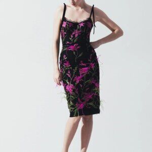 NWT MARCHESA NOTTE Lily Corset Feather Embroidered Black Cocktail Dress 6 $795